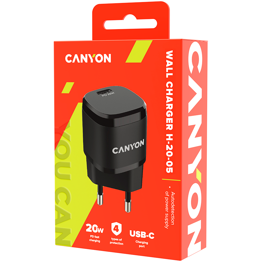 Kabeļu sistēmu sastāvdaļa (SCS) CANYON H-20-05, PD 20W Input: 100V-240V, Output: 1 port charge: USB-C:PD 20W (5V3A/9V2.22A/12V1.66A - CNE-CHA20B05