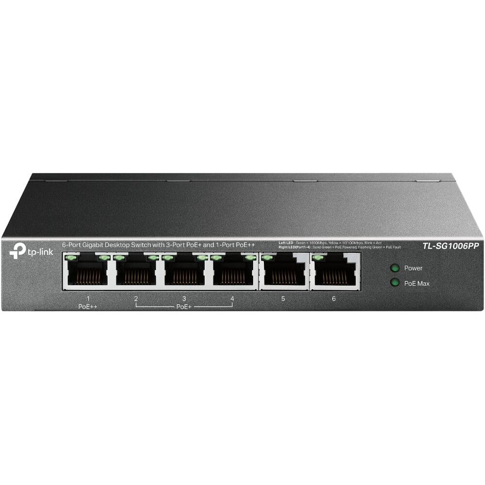 Komutators (slēdzis) TP-LINK Desktop/pedestal 6x10Base-T / 100Base-TX / 1000Base-T PoE+ ports 4 TL-SG1006PP