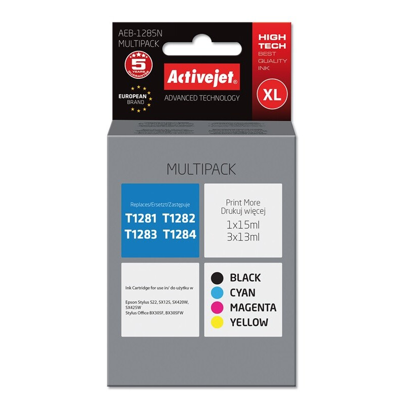 Activejet AEB-1285N Ink (replacement for Epson T1281, T1282, T1283, T1284; Supreme; 1 x 15 ml, 3 x 13 ml; black, magenta, cyan, yellow) (EXPACJAEP0212)