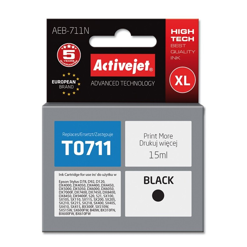 Activejet AEB-711N Ink cartridge (replacement for Epson T0711, T0891, T1001; Supreme; 15 ml; black) (EXPACJAEP0104)