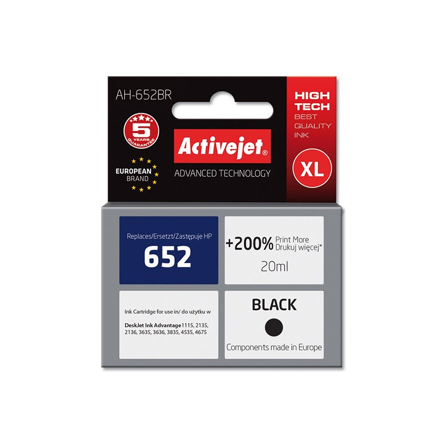 Activejet AH-652BR ink (replacement for HP 652 F6V25AE; Premium; 20 ml; black) (EXPACJAHP0236)