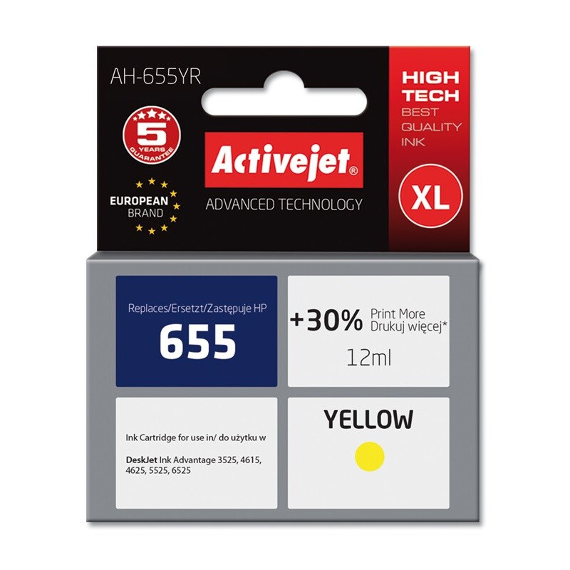 Activejet AH-655YR ink (replacement for HP 655 CZ112AE; Premium; 12 ml; yellow) (EXPACJAHP0217)