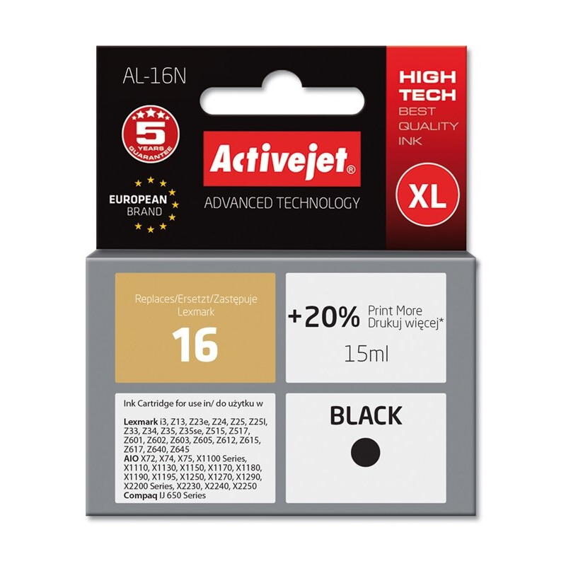 Activejet AL-16N Ink Cartridge (replacement for Lexmark 16 10N0016; Supreme; 15 ml; black) (EXPACJALE0016)